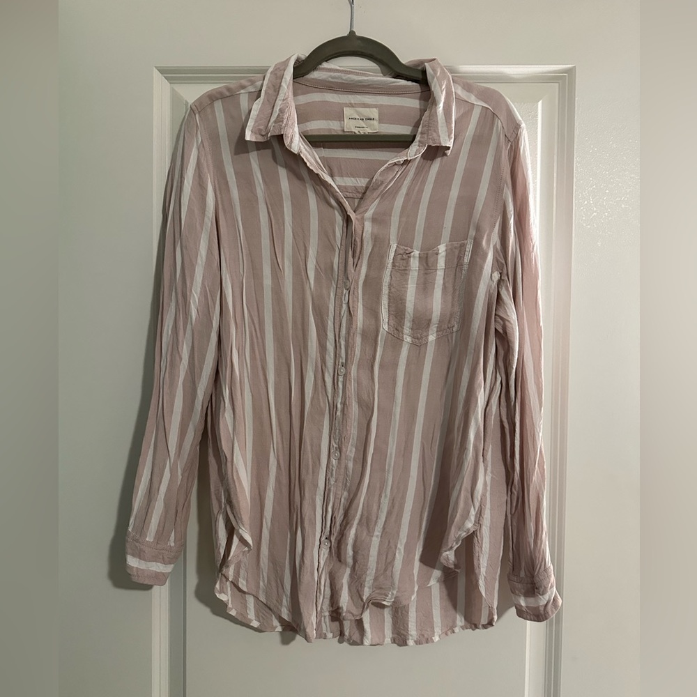 Pink and White Striped American Eagle Button Down